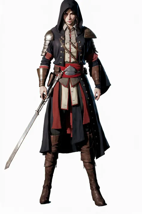 (RAW photo, best quality), (realistic, photo-realistic:1.4), masterpiece, an extremely delicate and beautiful, extremely detailed, 2k wallpaper, assassin,detailed face,detailed clothes ,1boy, hood,solo, weapon, gloves, boots <lora:ACTrain2:1>