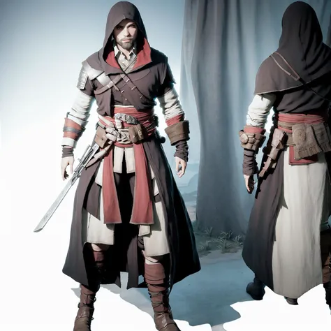 high quality, best quality, 8 k,detailed face, detailed clothes, assassin,full body, 1boy,solo,hood, weapon,boots  ,beard, male focus,gloves <lora:ACTrain2:1>