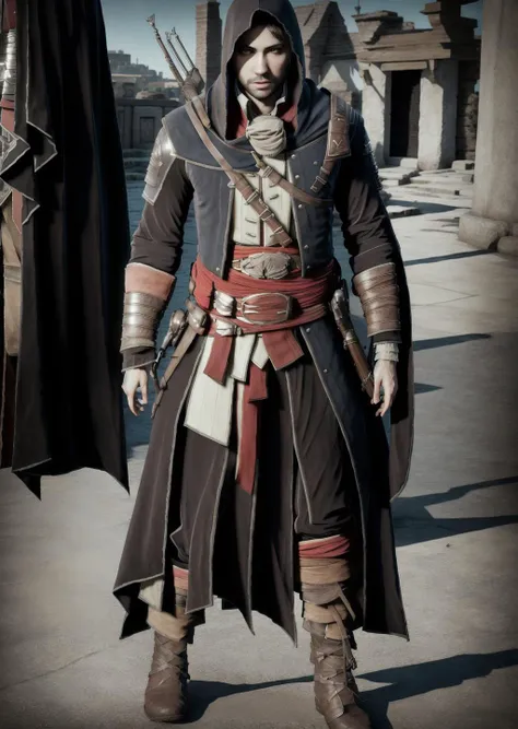 high quality, best quality, 8 k,(realistic, photo-realistic:1.4), detailed face, detailed clothes, assassin, 1boy, hood, weapon,boots,solo <lora:ACTrain2:1>
