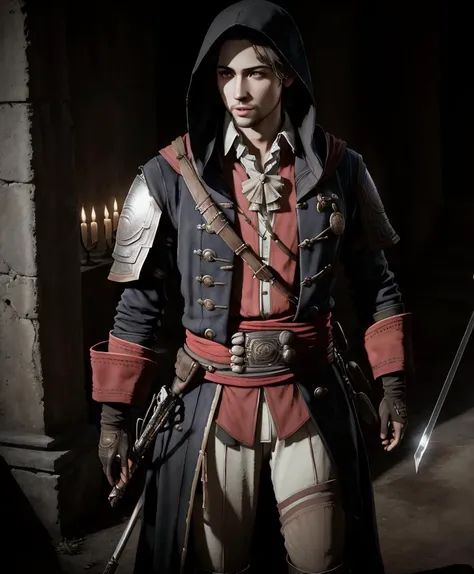(RAW photo, best quality), (realistic, photo-realistic:1.4), masterpiece, an extremely delicate and beautiful, extremely detailed, 2k wallpaper, assassin,detailed face,detailed clothes ,1boy, hood,solo, weapon, gloves, boots <lora:ACTrain2:1>