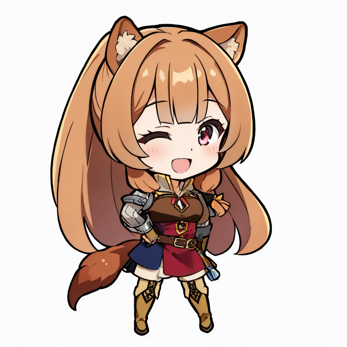 (masterpiece, best quality:1.2), chibi, simple background, white background, solo, 1girl, raphtalia, happy, smile, open mouth, long sleeves, gloves, thigh boots, belt, tail <lyco:DarkCabalChibiStyle:1.0> <lora:shieldhero_raphtalia:0.9>