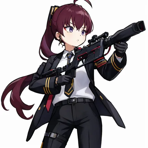 masterpiece, best quality, 1girl, solo, standing, cute, chibi, <lora:DarkCabalChibiStyle:1> white background, simple background, <lora:dolla-nikke-richy-v1:1> sniper rifle, holding weapon, holding gun, dolla \(nikke\), dolladef, suit, jacket, black gloves, black pants, necktie, earpiece