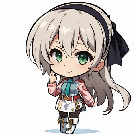 masterpiece, best quality, <lora:DarkCabalChibiStyle:1> chibi, white background, simple background <lora:elie-nvwls-v2-sen4:0.9> solo, elie macdowell, green eyes, blue necktie, hairband, hair ribbon, long sleeves, belt, pantyhose, white boots, smile, looking at viewer, salute