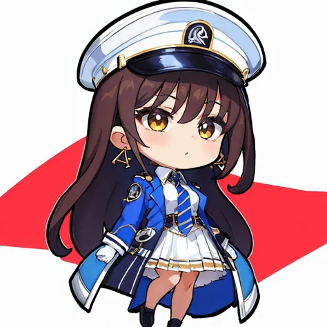 masterpiece, best quality, 1girl, solo, standing, cute, chibi, <lora:DarkCabalChibiStyle:1> white background, simple background, <lora:diesel-nikke-richy-v1:0.8> diesel \(nikke\), earrings, jewelry, jacket on shoulders, white shirt, collared shirt, striped, blue necktie, white gloves, white skirt, blue headwear, peaked cap, brown hair