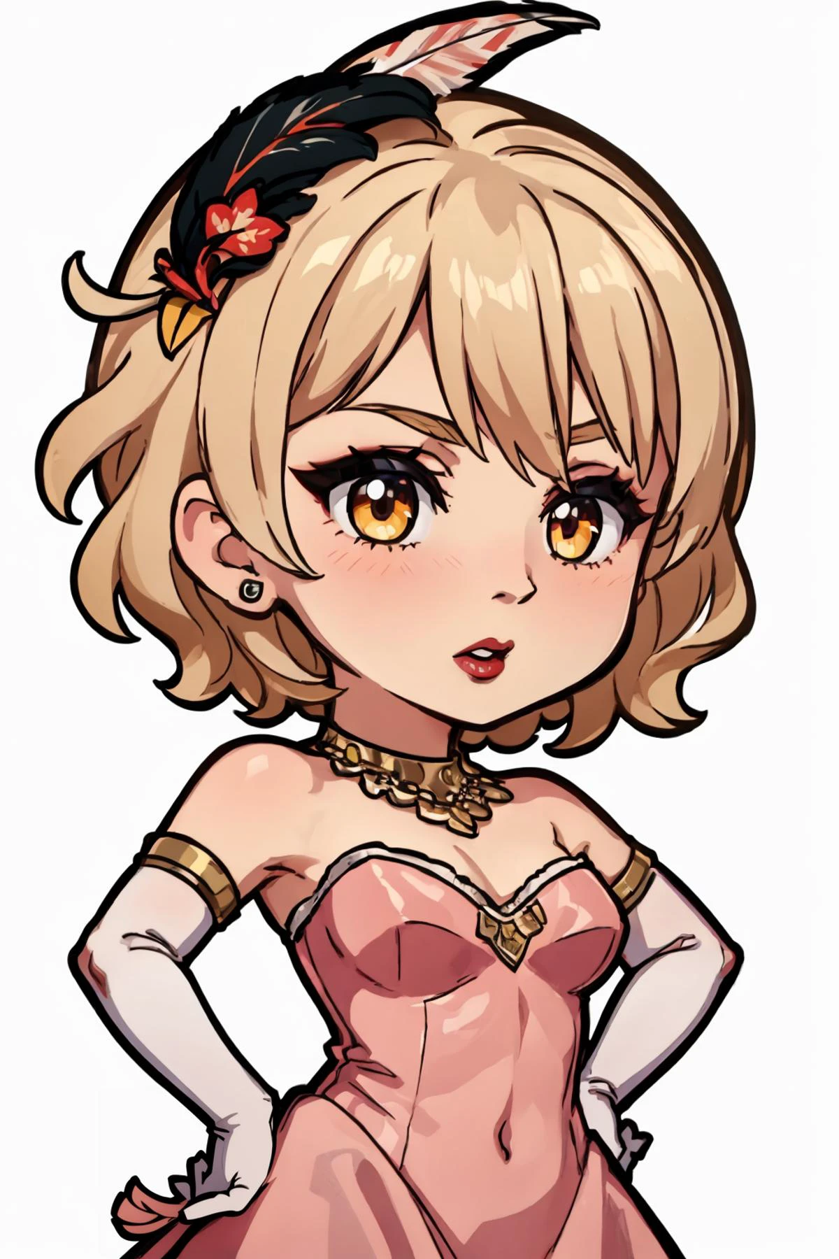masterpiece, best quality, beautiful, 1woman, sandie, lipstick, blush, short hair, blonde hair, (feather hair ornament:1.2), pinkdress, diamond necklace, detached sleeves, hands on hips, (elbow gloves:1.2), jewelry, makeup, sassy, <lora:pinkdress08:.7>, <lora:DarkCabalChibiStyle:1> chibi, white background, simple background <lora:easy_sticker:0.8>sticker, solid outline,