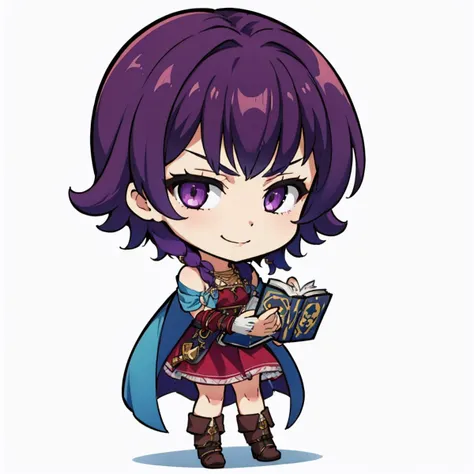masterpiece, best quality, <lora:DarkCabalChibiStyle:1> chibi, white background, simple background <lora:lute-nvwls-v1-final:1> feLute, purple dress, blue cape, bracers, boots, standing, holding book, furrowed brow, solo, smug smile, looking at viewer