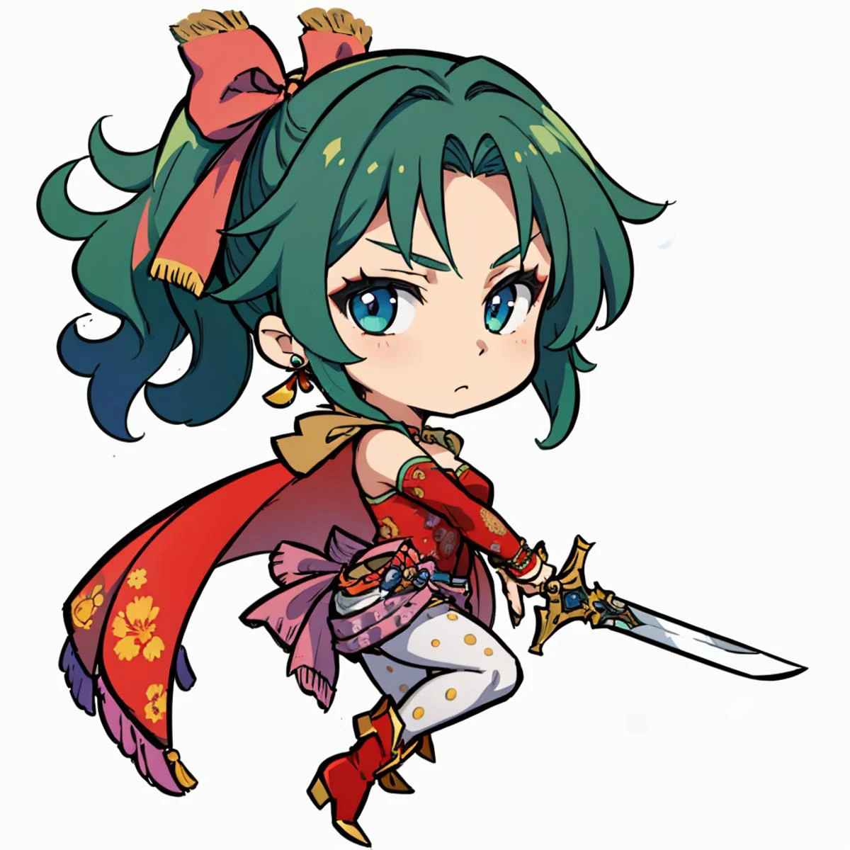 masterpiece, best quality, <lora:DarkCabalChibiStyle:1> chibi, white background, simple background <lora:tina-nvwls-v1-final:1> tina branford, green hair, cape, earrings, red dress, detached sleeves, hair ribbon, clothes around waist, print legwear, red boots, furrowed brow, holding sword, closed mouth, looking at viewer