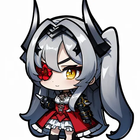 masterpiece, best quality, 1girl, solo, standing, cute, chibi, <lora:DarkCabalChibiStyle:1> white background, simple background, <lora:cyclopsprincess_lastorigin_v1:1> cycpridef, red dress, frills, horns, flower over eye, one eye covered, red flower, twintails, grey hair, very long hair, yellow eyes