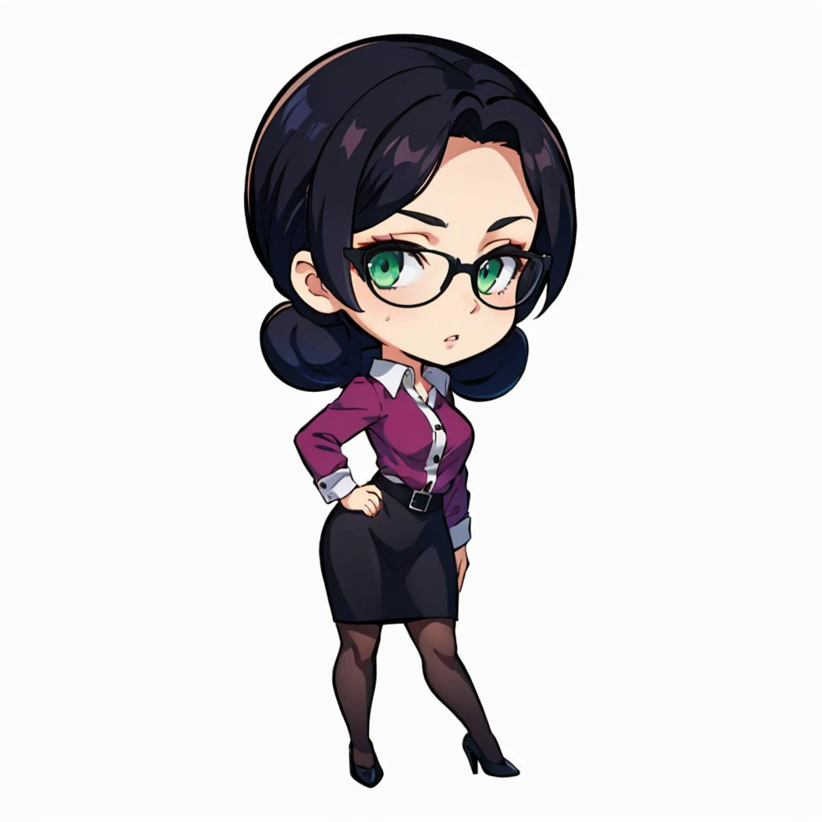 masterpiece, best quality, <lora:DarkCabalChibiStyle:1> chibi, white background, simple background <lora:misspauling-nvwls-v1-final:1> miss pauling, green eyes, glasses, purple shirt, pencil skirt, pantyhose, high heels, hands to hips, bored, contrapposto, looking at viewer