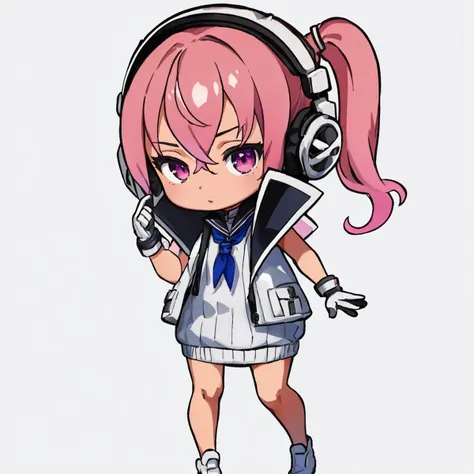 masterpiece, best quality, 1girl, solo, standing, cute, chibi, <lora:DarkCabalChibiStyle:1> white background, simple background, <lora:pepper-nikke-richy-v1:1> pepper \(nikke\), ribbed sweater, sleeveless, jacket, sailor collar, neckerchief, headphones, gloves, dress