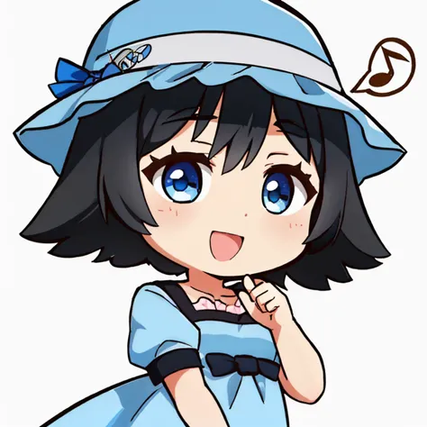 (masterpiece, best quality:1.2), chibi, simple background, white background, solo, 1girl, shiina mayuri, happy, smile, open mouth, spoken musical note, hat, blue dress, short sleeves <lyco:DarkCabalChibiStyle:1.0> <lora:steinsgate_shiina:0.9>
