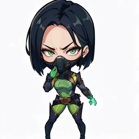 masterpiece, best quality, <lora:DarkCabalChibiStyle:1> chibi, white background, simple background <lora:viper-nvwls-ver2-final:1> valorantViper, green eyes, bodysuit, gloves, belt, thigh boots, respirator, green gas, looking at viewer, furrowed brow, whole body