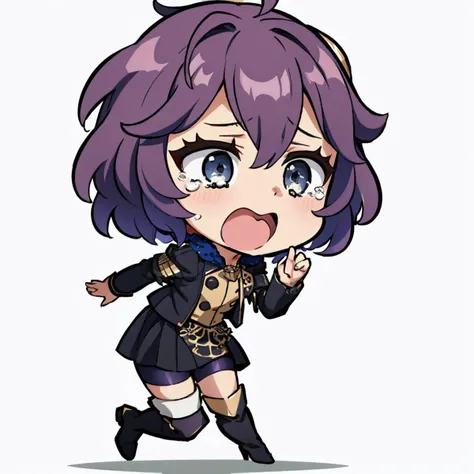 masterpiece, best quality, <lora:DarkCabalChibiStyle:1> <lora:bernadetta-nvwls-v2-final:1> defBernie, black jacket, black skirt, spandex shorts, thigh boots, stumbling, surprised, tears in eyes, shocked, open mouth, chibi, white background, simple background