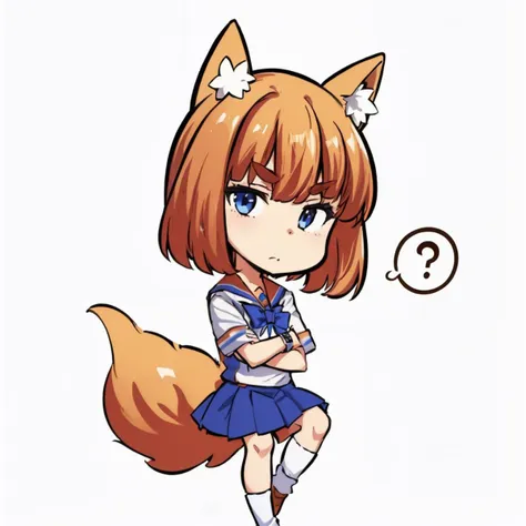 masterpiece, best quality, <lora:DarkCabalChibiStyle:1>  chibi, white background, simple background  <lora:firefoxchan-nvwls-v1-final:1> firefox-chan, bowtie, school uniform, sailor collar, blue pleated skirt, wrist cuffs, socks, orange shoes, tail, crossed arms, bored, head tilt, looking at viewer, spoken question mark