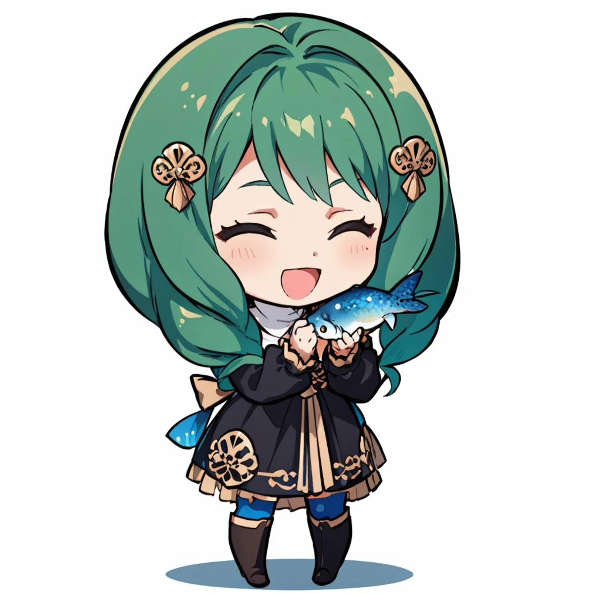 masterpiece, best quality, <lora:DarkCabalChibiStyle:1> chibi, white background, simple background <lora:flayn-nvwls-v1-final:0.9> flayn, hair ornaments, black dress, blue pantyhose, knee boots, (holding a fish with both hands:1.3), closed eyes, :D, happy