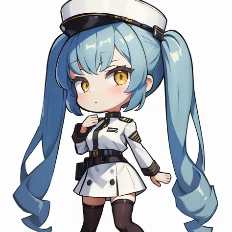 masterpiece, best quality, 1girl, solo, standing, cute, chibi, <lora:DarkCabalChibiStyle:1> white background, simple background, <lora:privaty-nikke-richy-v1:1> privaty \(nikke\), military uniform, long sleeves, straps, hat, white headwear, black thighhighs, uniform