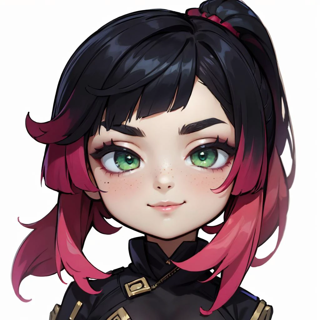 highres, masterpiece, perfect lighting, bloom, cinematic lighting, adult, female, looking at viewer, white background, simple background, (RSEEmma:1.5), <lora:RSERomantic_RSESofiko_RSEEmma-v1:0.3>, chibi, side-swept bangs, black hair, pink IncursioDipDyedHair, messy mid ponytail, green eyes, thick eyebrows, freckles, smile <lora:DipDyedHair:1> <lora:DarkCabalChibiStyle:1>