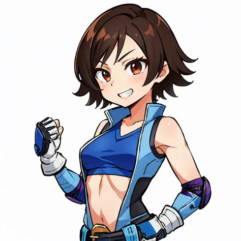 <lora:tekken_asukakazama-10:1> kazama asuka, taut clothes, sports bra, crop top, shorts, gloves, belt, elbow pads, midriff
masterpiece, best quality, absurdres  <lora:DarkCabalChibiStyle:0.9> chibi, white background, simple background, grin,