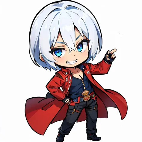 <lora:dmc_dante-09:1> dante, white hair, open clothes, coat, fingerless gloves, belt
masterpiece, best quality, absurdres <lora:DarkCabalChibiStyle:0.9> chibi, white background, simple background, grin