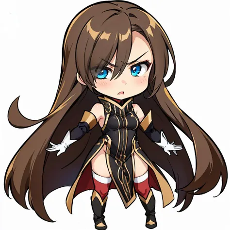 <lora:teargrants-nvwls-v1-final:0.8> teargrants hair over one eye, brown dress, bare shoulders, detached sleeves, white gloves, red thighhighs, black boots
masterpiece, best quality, absurdres <lora:DarkCabalChibiStyle:0.9> chibi, white background, simple background, blushing, angry