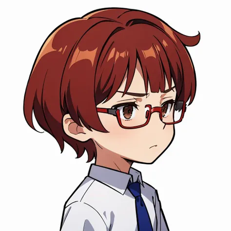1boy, male focus, red hair, short hair, glasses, long bangs, white shirt, blue tie, dark brown eyes
masterpiece, best quality, absurdres,   <lora:DarkCabalChibiStyle:0.9> chibi, white background, simple background, upper body, exasperated, confused,