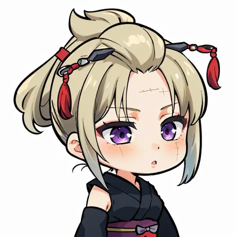 <lora:gintama_tsukuyo-10:1> tsukuyo, scar on cheek, folded ponytail, hair ornament, purple eyes, japanese clothes, black kimono, sleeveless, detached sleeves
masterpiece, best quality, absurdres <lora:DarkCabalChibiStyle:0.9> chibi, white background, simple background, blushing, full body,