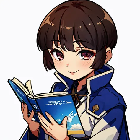 <lora:Isabeau_SMT4:0.6> Isabeau, Samurai uniform, blue coat
masterpiece, best quality, absurdres <lora:DarkCabalChibiStyle:0.9> chibi, white background, simple background, blushing, smile, reading book