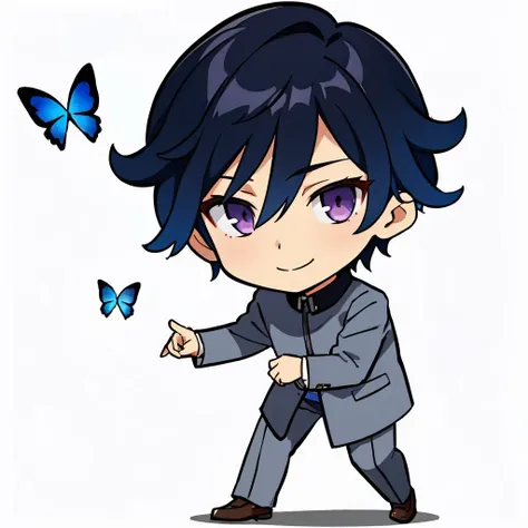 <lora:NaoyaV3:1> Naoya, school uniform, grey pants, purple eyes
masterpiece, best quality, absurdres  <lora:DarkCabalChibiStyle:0.9> chibi, white background, simple background, confidant smile, 1boy, blue butterfly