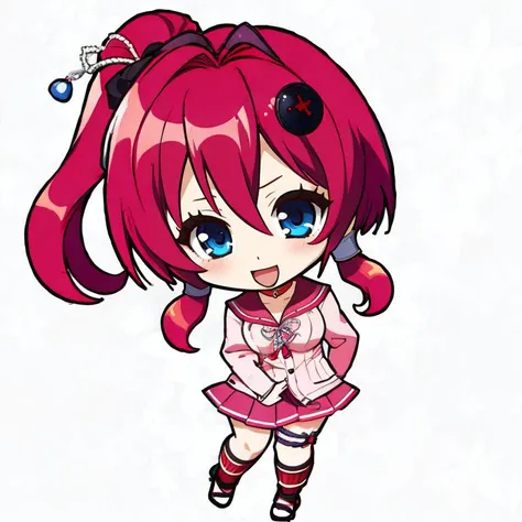 Highly detailed, High Quality, Masterpiece, beautiful, solo, 1girl, (chibi:1.2), white background, simple background, <lora:DarkCabalChibiStyle:1>, JubeiYagyu, red hair, blue eyes, pink school uniform, rope thigh straps, cleavage, choker, socks, sandals, <lora:JubeiYagyu-09:.8> :D,
