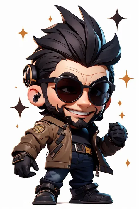 Highly detailed, High Quality, Masterpiece, beautiful, solo, 1boy, (chibi:1.4), white background, simple background,, Jetstream Sam, facial hair, male focus, beard, cyborg, smile, sunglasses, flexing, star \(symbol\), sparkle, <lora:GoodHands-vanilla:1> <lora:DarkCabalChibiStyle:1>