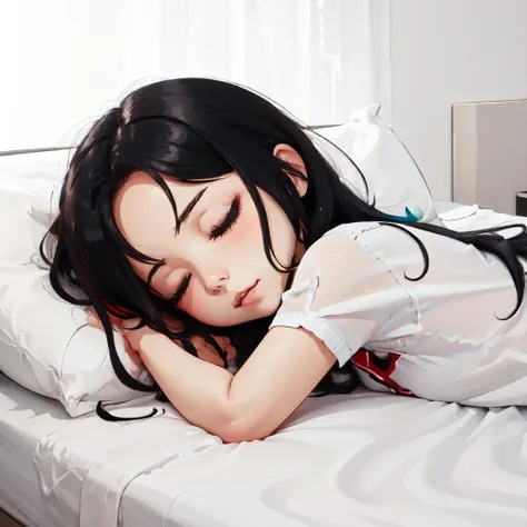 Beautiful Chinese girl lying on bed white silk,JK skirt,a ball head,Beautuful Women,Need