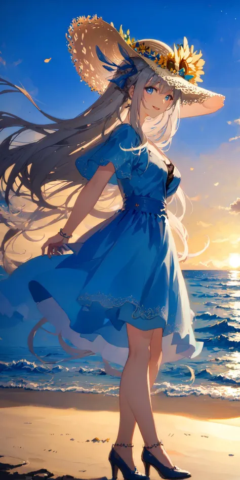 (masterpiece),((best quality)),(ultra-detailed),((an extremely delicate and beautiful)), (((incredibly absurdres))), (((prefect body))), 1girl, solo, gray hair, blue eyes,{{{motherly}}}, medium breasts, very long hair, smile, blue dress, ocean+background, sunflower, straw hat, dynamic angle,female focus,{light particles},detailed background, (((by Paul Hedley))),Soft Lighting, sunset, <lora:lexington3:1>,full body,