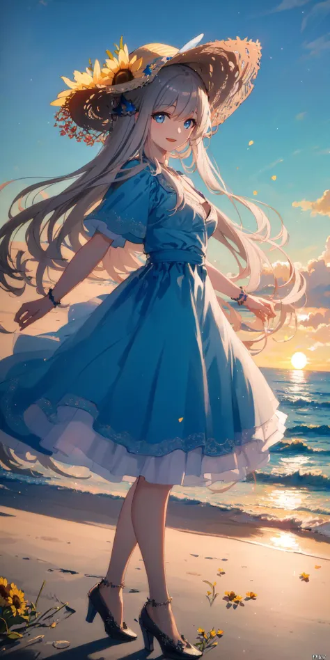 (masterpiece),((best quality)),(ultra-detailed),((an extremely delicate and beautiful)), (((incredibly absurdres))), (((prefect body))), 1girl, solo, gray hair, blue eyes,{{{motherly}}}, medium breasts, very long hair, smile, blue dress, ocean+background, sunflower, straw hat, dynamic angle,female focus,{light particles},detailed background, (((by Paul Hedley))),Soft Lighting, sunset, <lora:lexington3:1>,full body,