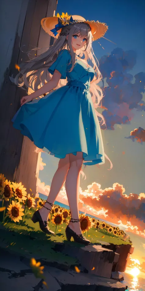 (masterpiece),((best quality)),(ultra-detailed),((an extremely delicate and beautiful)), (((incredibly absurdres))), (((prefect body))), 1girl, solo, gray hair, blue eyes,{{{motherly}}}, medium breasts, very long hair, smile, blue dress, ocean+background, sunflower, straw hat, dynamic angle,female focus,{light particles},detailed background, (((by Paul Hedley))),Soft Lighting, sunset, <lora:lexington3:1>,full body,