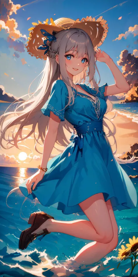 (masterpiece),((best quality)),(ultra-detailed),((an extremely delicate and beautiful)), (((incredibly absurdres))), (((prefect body))), 1girl, solo, gray hair, blue eyes,{{{motherly}}}, medium breasts, very long hair, smile, blue dress, ocean+background, sunflower, straw hat, dynamic angle,female focus,{light particles},detailed background, (((by  Paul Hedley))),Soft Lighting, sunset, <lora:lexington3:1>,full body,