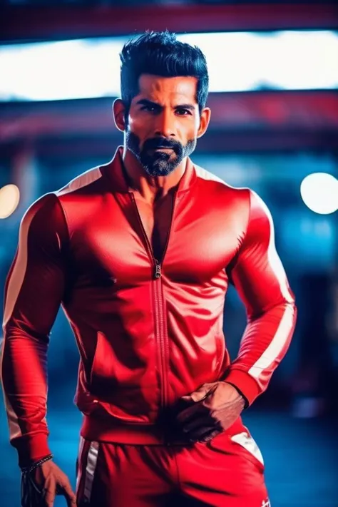 sendhil ramamurthy a man <lora:Vivaan-Bhatena_Sendhil-Ramamurthy-000002:1>, realistic photo in a worn ((skin-revealing skimpy erotic red tracksuit, massive hairy pecs)), big pecs, big arms, bulge, VPL, ((light bokeh)), intricate, (steel metal [rust]), elegant, erotic, exuding sexual energy, homoerotic, sharp focus, photo by greg rutkowski, soft lighting, vibrant colors, (masterpiece), ((streets)), (detailed face), looking at viewer, light smile, night, walking towards viewer, cinematic lighting, beautiful lighting, cinematic lighting, (hazy filter, film grain:1.2)