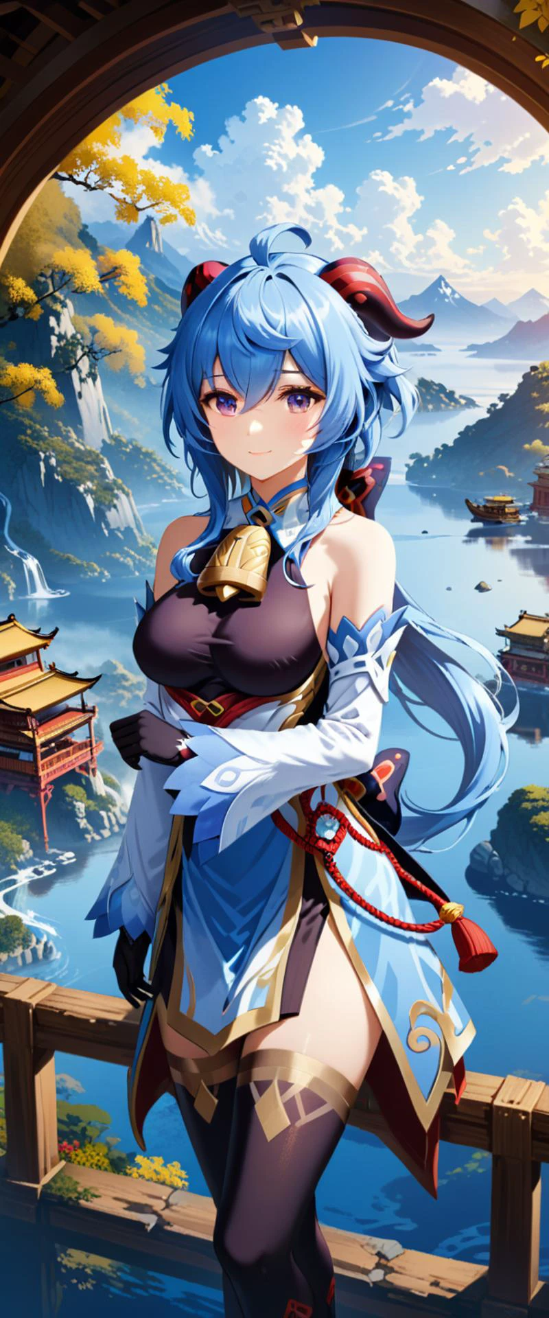best quality, high quality, masterpiece, absurdres, incredibly detailed, UHD,
BREAK
1girl, ganyu_\(genshin_impact\), smile, blue_hair, breasts, long_hair, detached_sleeves, bell, horns, gloves, bare_shoulders, bangs, gold_trim, looking_at_viewer, purple_eyes, white_sleeves, sidelocks, ahoge, thighlet, black_gloves, white_flower, neck_bell, medium_breasts, beautiful, mystical, introverted, thoughtful, knowledge, wisdom, Liyue Harbor, serene nature, traditional attire, <lora:ganyu2:0.8>,
BREAK
Ganyu from Genshin Impact is depicted with her characteristic blue hair and horns, embodying a beautiful and mystical appearance. Her calm expression reflects her introverted and thoughtful nature, while her eyes reveal a depth of knowledge and wisdom. The background showcases the landscape of her hometown, Liyue Harbor, along with the serene beauty of nature. Her attire reflects the traditional style of Liyue, with shades of blue and white, emphasizing her gentle personality. Ganyu is holding her unique bow, and her composed stance suggests an underlying strength,
BREAK
rich color palette, vivid colors, natural color grading, Sophisticated Color Scheme, Saturated Colors, Complex Color Layering, Evocative Color Schemes, Luxurious Color Palette, sharp contrast, digital painting quality, Advanced Digital Techniques, cinematic quality, Dynamic Lighting, Enhanced Lighting Effects, subtle shadows, Complex Shading, Immersive Depth, Advanced Rendering, High-End Artistic Rendering, Elegant Composition, Cinematic Composition and Framing, Dynamic Lighting, Depth of Field, Depth and Perspective, dynamic angle, Gallery-Worthy Visuals, Artistic Depth and Dimension, film grain, FujiFilm XT4, taken by Walker Evans, <lora:xl_more_art-full_v1:1.0>,