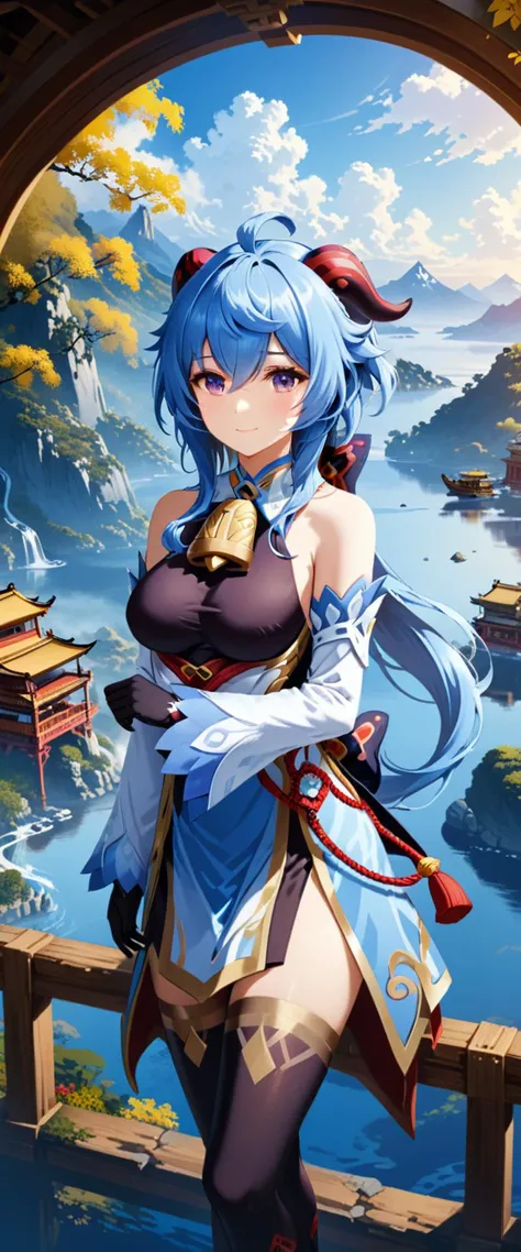 best quality, high quality, masterpiece, absurdres, incredibly detailed, UHD,
BREAK
1girl, ganyu_\(genshin_impact\), smile, blue_hair, breasts, long_hair, detached_sleeves, bell, horns, gloves, bare_shoulders, bangs, gold_trim, looking_at_viewer, purple_eyes, white_sleeves, sidelocks, ahoge, thighlet, black_gloves, white_flower, neck_bell, medium_breasts, beautiful, mystical, introverted, thoughtful, knowledge, wisdom, Liyue Harbor, serene nature, traditional attire, <lora:ganyu2:0.8>,
BREAK
Ganyu from Genshin Impact is depicted with her characteristic blue hair and horns, embodying a beautiful and mystical appearance. Her calm expression reflects her introverted and thoughtful nature, while her eyes reveal a depth of knowledge and wisdom. The background showcases the landscape of her hometown, Liyue Harbor, along with the serene beauty of nature. Her attire reflects the traditional style of Liyue, with shades of blue and white, emphasizing her gentle personality. Ganyu is holding her unique bow, and her composed stance suggests an underlying strength,
BREAK
rich color palette, vivid colors, natural color grading, Sophisticated Color Scheme, Saturated Colors, Complex Color Layering, Evocative Color Schemes, Luxurious Color Palette, sharp contrast, digital painting quality, Advanced Digital Techniques, cinematic quality, Dynamic Lighting, Enhanced Lighting Effects, subtle shadows, Complex Shading, Immersive Depth, Advanced Rendering, High-End Artistic Rendering, Elegant Composition, Cinematic Composition and Framing, Dynamic Lighting, Depth of Field, Depth and Perspective, dynamic angle, Gallery-Worthy Visuals, Artistic Depth and Dimension, film grain, FujiFilm XT4, taken by Walker Evans, <lora:xl_more_art-full_v1:1.0>,