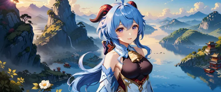 best quality, high quality, masterpiece, absurdres, incredibly detailed, UHD, realistic,
BREAK
1girl, ganyu_\(genshin_impact\), smile, open mouth, blue_hair, breasts, long_hair, detached_sleeves, bell, horns, gloves, bare_shoulders, bangs, gold_trim, looking_at_viewer, purple_eyes, white_sleeves, sidelocks, ahoge, thighlet, black_gloves, white_flower, neck_bell, medium_breasts, beautiful, mystical, introverted, thoughtful, knowledge, wisdom, Liyue Harbor, serene nature, traditional attire, <lora:ganyu2:0.8>,
BREAK
Ganyu from Genshin Impact is depicted with her characteristic blue hair and horns, embodying a beautiful and mystical appearance. Her calm expression reflects her introverted and thoughtful nature, while her eyes reveal a depth of knowledge and wisdom. The background showcases the landscape of her hometown, Liyue Harbor, along with the serene beauty of nature. Her attire reflects the traditional style of Liyue, with shades of blue and white, emphasizing her gentle personality. Ganyu is holding her unique bow, and her composed stance suggests an underlying strength,
BREAK
rich color palette, vivid colors, natural color grading, Sophisticated Color Scheme, Saturated Colors, Complex Color Layering, Evocative Color Schemes, Luxurious Color Palette, sharp contrast, digital painting quality, Advanced Digital Techniques, cinematic quality, Dynamic Lighting, Enhanced Lighting Effects, subtle shadows, Complex Shading, Immersive Depth, Advanced Rendering, High-End Artistic Rendering, Elegant Composition, Cinematic Composition and Framing, Dynamic Lighting, Depth of Field, Depth and Perspective, dynamic angle, Gallery-Worthy Visuals, Artistic Depth and Dimension, film grain, FujiFilm XT4, taken by Diane Arbus, <lora:xl_more_art-full_v1:1.0>,