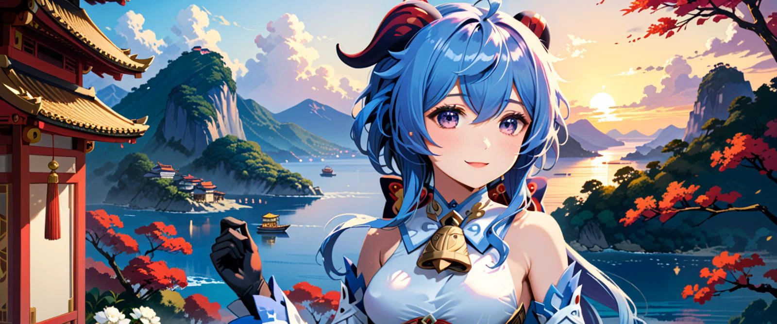 best quality, high quality, masterpiece, absurdres, incredibly detailed, UHD, flat color,
BREAK
1girl, ganyu_\(genshin_impact\), smile, open mouth, blue_hair, breasts, long_hair, detached_sleeves, bell, horns, gloves, bare_shoulders, bangs, gold_trim, looking_at_viewer, purple_eyes, white_sleeves, sidelocks, ahoge, thighlet, black_gloves, white_flower, neck_bell, medium_breasts, beautiful, mystical, introverted, thoughtful, knowledge, wisdom, Liyue Harbor, serene nature, traditional attire, <lora:ganyu2:0.8>,
BREAK
Ganyu from Genshin Impact is depicted with her characteristic blue hair and horns, embodying a beautiful and mystical appearance. Her calm expression reflects her introverted and thoughtful nature, while her eyes reveal a depth of knowledge and wisdom. The background showcases the landscape of her hometown, Liyue Harbor, along with the serene beauty of nature. Her attire reflects the traditional style of Liyue, with shades of blue and white, emphasizing her gentle personality. Ganyu is holding her unique bow, and her composed stance suggests an underlying strength,
BREAK
rich color palette, vivid colors, natural color grading, Sophisticated Color Scheme, Saturated Colors, Complex Color Layering, Evocative Color Schemes, Luxurious Color Palette, sharp contrast, digital painting quality, Advanced Digital Techniques, cinematic quality, Dynamic Lighting, Enhanced Lighting Effects, subtle shadows, Complex Shading, Immersive Depth, Advanced Rendering, High-End Artistic Rendering, Elegant Composition, Cinematic Composition and Framing, Dynamic Lighting, Depth of Field, Depth and Perspective, dynamic angle, Gallery-Worthy Visuals, Artistic Depth and Dimension, film grain, FujiFilm XT4, taken by Richard Avedon, <lora:xl_more_art-full_v1:1.0>,