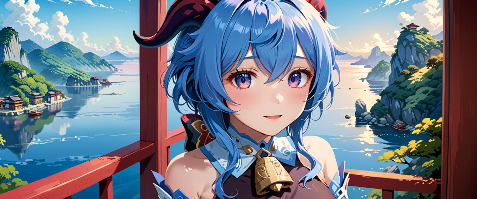 best quality, high quality, masterpiece, absurdres, incredibly detailed, UHD, flat color,
BREAK
1girl, ganyu_\(genshin_impact\), smile, open mouth, blue_hair, breasts, long_hair, detached_sleeves, bell, horns, gloves, bare_shoulders, bangs, gold_trim, looking_at_viewer, purple_eyes, white_sleeves, sidelocks, ahoge, thighlet, black_gloves, white_flower, neck_bell, medium_breasts, beautiful, mystical, introverted, thoughtful, knowledge, wisdom, Liyue Harbor, serene nature, traditional attire, <lora:ganyu2:0.8>,
BREAK
Ganyu from Genshin Impact is depicted with her characteristic blue hair and horns, embodying a beautiful and mystical appearance. Her calm expression reflects her introverted and thoughtful nature, while her eyes reveal a depth of knowledge and wisdom. The background showcases the landscape of her hometown, Liyue Harbor, along with the serene beauty of nature. Her attire reflects the traditional style of Liyue, with shades of blue and white, emphasizing her gentle personality. Ganyu is holding her unique bow, and her composed stance suggests an underlying strength,
BREAK
rich color palette, vivid colors, natural color grading, Sophisticated Color Scheme, Saturated Colors, Complex Color Layering, Evocative Color Schemes, Luxurious Color Palette, sharp contrast, digital painting quality, Advanced Digital Techniques, cinematic quality, Dynamic Lighting, Enhanced Lighting Effects, subtle shadows, Complex Shading, Immersive Depth, Advanced Rendering, High-End Artistic Rendering, Elegant Composition, Cinematic Composition and Framing, Dynamic Lighting, Depth of Field, Depth and Perspective, dynamic angle, Gallery-Worthy Visuals, Artistic Depth and Dimension, film grain, FujiFilm XT4, taken by Tim Walker, <lora:xl_more_art-full_v1:1.0>,