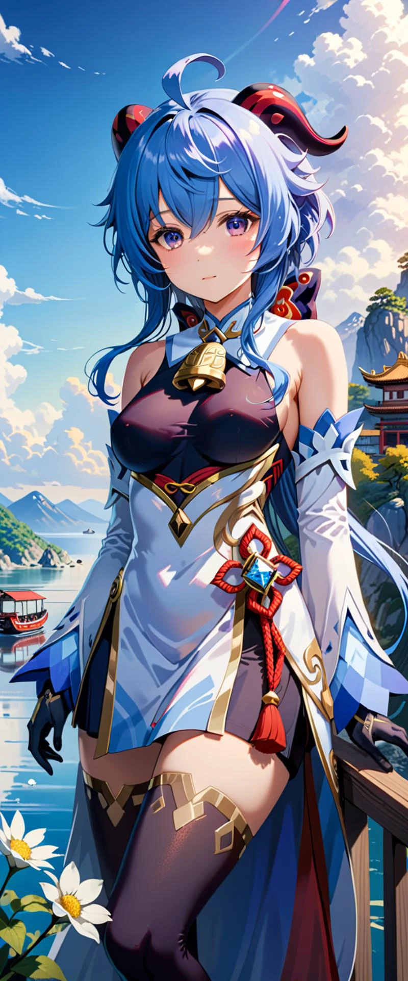 best quality, high quality, masterpiece, UHD,
BREAK
1girl, ganyu_\(genshin_impact\), blue_hair, breasts, long_hair, detached_sleeves, bell, horns, gloves, bare_shoulders, bangs, gold_trim, looking_at_viewer, purple_eyes, white_sleeves, sidelocks, ahoge, thighlet, black_gloves, white_flower, neck_bell, medium_breasts, beautiful, mystical, introverted, thoughtful, knowledge, wisdom, Liyue Harbor, serene nature, traditional attire, <lora:ganyu2:0.8>,
BREAK
Ganyu from Genshin Impact is depicted with her characteristic blue hair and horns, embodying a beautiful and mystical appearance. Her calm expression reflects her introverted and thoughtful nature, while her eyes reveal a depth of knowledge and wisdom. The background showcases the landscape of her hometown, Liyue Harbor, along with the serene beauty of nature. Her attire reflects the traditional style of Liyue, with shades of blue and white, emphasizing her gentle personality. Ganyu is holding her unique bow, and her composed stance suggests an underlying strength,
BREAK
rich color palette, vivid colors, natural color grading, Sophisticated Color Scheme, Saturated Colors, Complex Color Layering, Evocative Color Schemes, Luxurious Color Palette, sharp contrast, digital painting quality, Advanced Digital Techniques, cinematic quality, Dynamic Lighting, Enhanced Lighting Effects, subtle shadows, Complex Shading, Immersive Depth, Advanced Rendering, High-End Artistic Rendering, Elegant Composition, Cinematic Composition and Framing, Dynamic Lighting, Depth of Field, Depth and Perspective, dynamic angle, Gallery-Worthy Visuals, Artistic Depth and Dimension, film grain, FujiFilm XT4, taken by Tim Walker, <lora:xl_more_art-full_v1:0.8>,