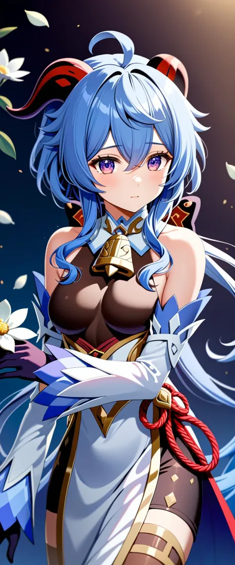 best quality, high quality, masterpiece, UHD,
BREAK
1girl, ganyu_\(genshin_impact\), blue_hair, breasts, long_hair, detached_sleeves, bell, horns, gloves, bare_shoulders, bangs, gold_trim, looking_at_viewer, purple_eyes, white_sleeves, sidelocks, ahoge, thighlet, black_gloves, white_flower, neck_bell, medium_breasts, <lora:ganyu2:1>,
BREAK
rich color palette, vivid colors, natural color grading, Sophisticated Color Scheme, Saturated Colors, Complex Color Layering, Evocative Color Schemes, Luxurious Color Palette, sharp contrast, digital painting quality, Advanced Digital Techniques, cinematic quality, Dynamic Lighting, Enhanced Lighting Effects, subtle shadows, Complex Shading, Immersive Depth, Advanced Rendering, High-End Artistic Rendering, Elegant Composition, Cinematic Composition and Framing, Dynamic Lighting, Depth of Field, Depth and Perspective, dynamic angle, Gallery-Worthy Visuals, Artistic Depth and Dimension,