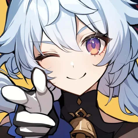 1girl,{ganyu \(genshin impact\)},solo,smile, horn,{blue hair},bell,bare_shoulders,black_gloves,pointing at viewer, one eye closed, looking at viewer, solo, white hair, closed mouth, bangs, yellow background, pointing, finger gun,portrait,thumbs up,medium quality,masterpiece,<lora:anyu_all:0.9>