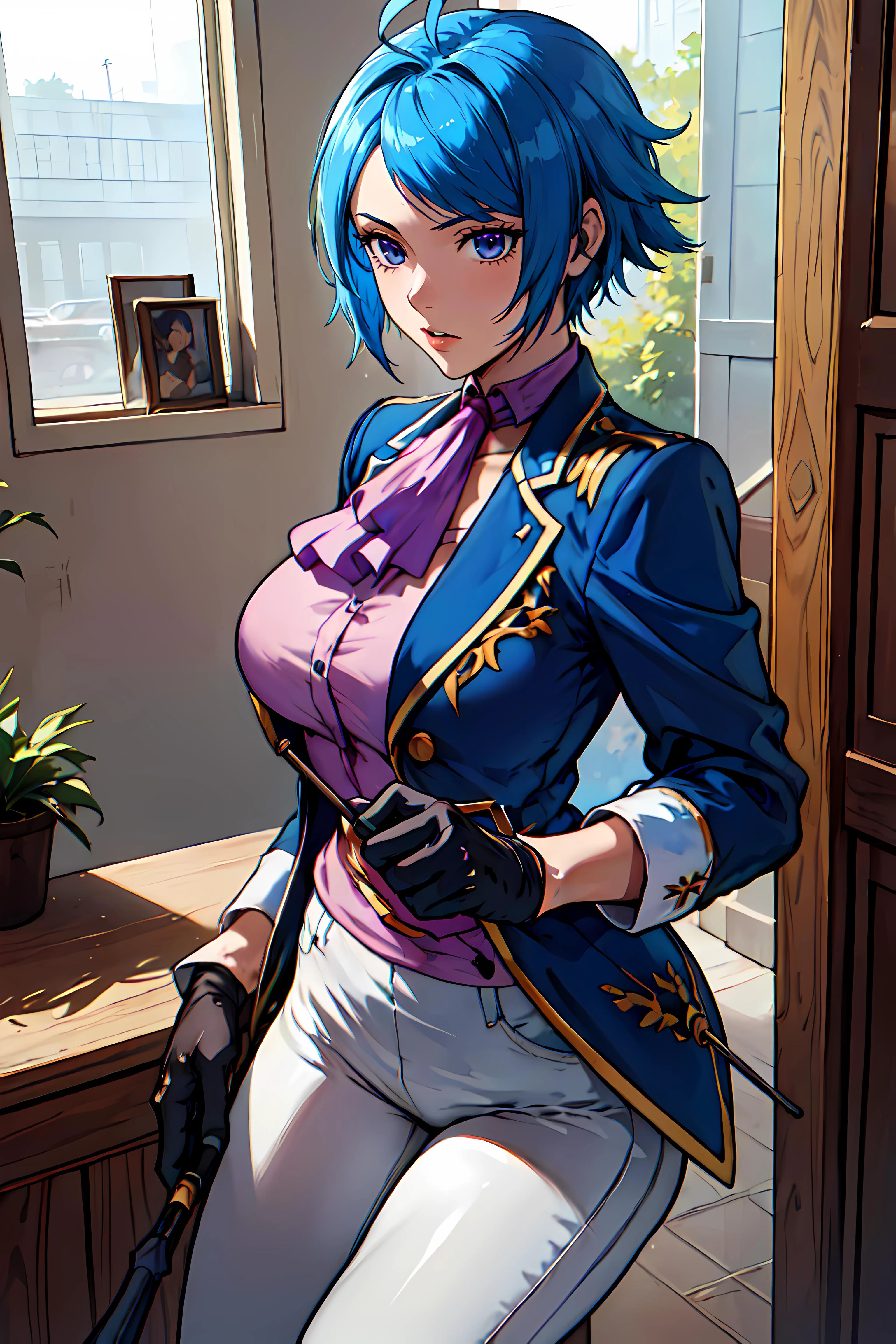 anime artwork anime artwork masterpiece,best quality, unreal engine, ultra res, extremely detailed,
1girl, big breasts, waist, slender, (muscular:0.9)
<lora:hews style by goofy ai:0.4> <lora:cutesexyrobutts_v2:0.1>
<lora:puuzaki-puuna-lora-v1:0.1> <lora:anmnr01:0.2>
<lora:Round_Breasts_V7:0.4>ROUND BREASTS,medium BREASTS
<lora:Elisabeth:0.6>
elisabethms, purple ascot, ahoge, white pants, riding crop, gloves, blue jacket, blue boots, indoors, sky blue hair,
street fight, blick street . anime style, key visual, vibrant, studio anime, highly detailed
