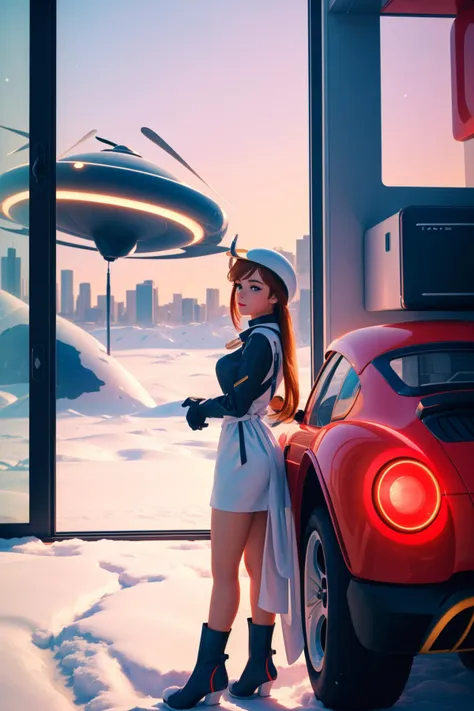 1girl, 8k Physically based render, Awe, long shot of a Angelic Retrofuturistic Chilean ([Postal delivery truck:gyro:1]:1.3) , it is in a Sci-Fi setting, it is sleek, Sprawling bakery in background, deep red cityscape and Interstellar gas in background, Snowy, in focus, Simple and clean, Peaceful, Tenebrism, Indirect light, 800mm lens, four colors, silhouette, glamourous, trending on CGSociety, 64K