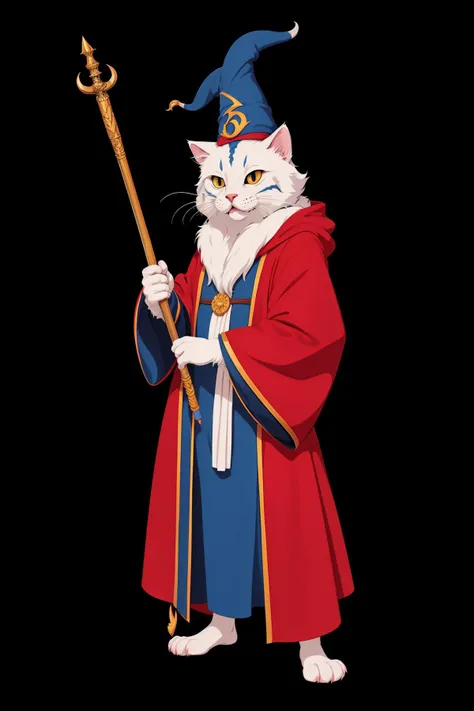 fantasy animal,  kitten wizard,  wizard hat, staff, robe, high quality, best quality, high detail, 8k resolution ((cel shaded, lineart, studio animation))