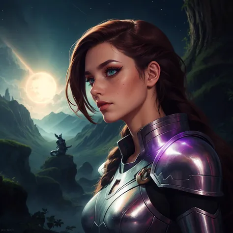 concept art of  adult Mateja Novak, slavic,Brown hair, Green eyes, Angular jawline, smirk,  Two braids woman fantasy concept art of an Eclipse Knight, Imperial Purple ethereal armor with blacklight cosmic motifs, wielding a sword emanating darkness and light, mystic forest background,  dynamic lighting, 8k resolution, highly detailed,, eyeliner, eyeshadow, makeup, (freckles) 8k resolution, high detail, best quality, high quality, beautiful, epic,, digital artwork, illustrative, painterly, matte painting, highly detailed