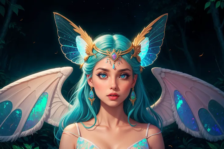 beautiful adult woman, angel queen, Moth wings insane exotic universal , circlet, forest, fireflies, eyeliner, eyeshadow, makeup, ((lip liner)) tears, ((opal veins explosion)) best quality, high detail, 8k resolution, rim lighting, Kaleidoscopic Halo 8k resolution, high detail, best quality, high quality,