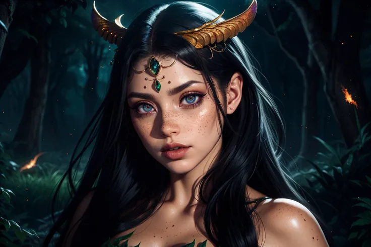 beautiful adult woman, demon queen, Gorgon Wings insane exotic universal , circlet, forest, fireflies, eyeliner, eyeshadow, makeup, (freckles) tears, ((black opal veins explosion)) best quality, high detail, 8k resolution, rim lighting, Ephemeral Halo 8k resolution, high detail, best quality, high quality,